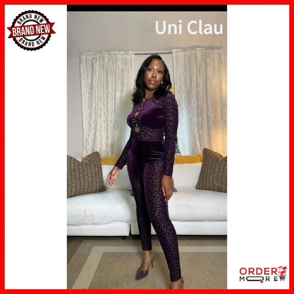 Long Sleeve Mesh Velvet Jumpsuit Bodycon Clubwear Party Outfit